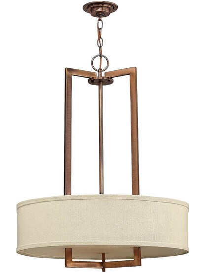 Hampton Medium Chandelier With Linen Drum Shade in Brushed Bronze.